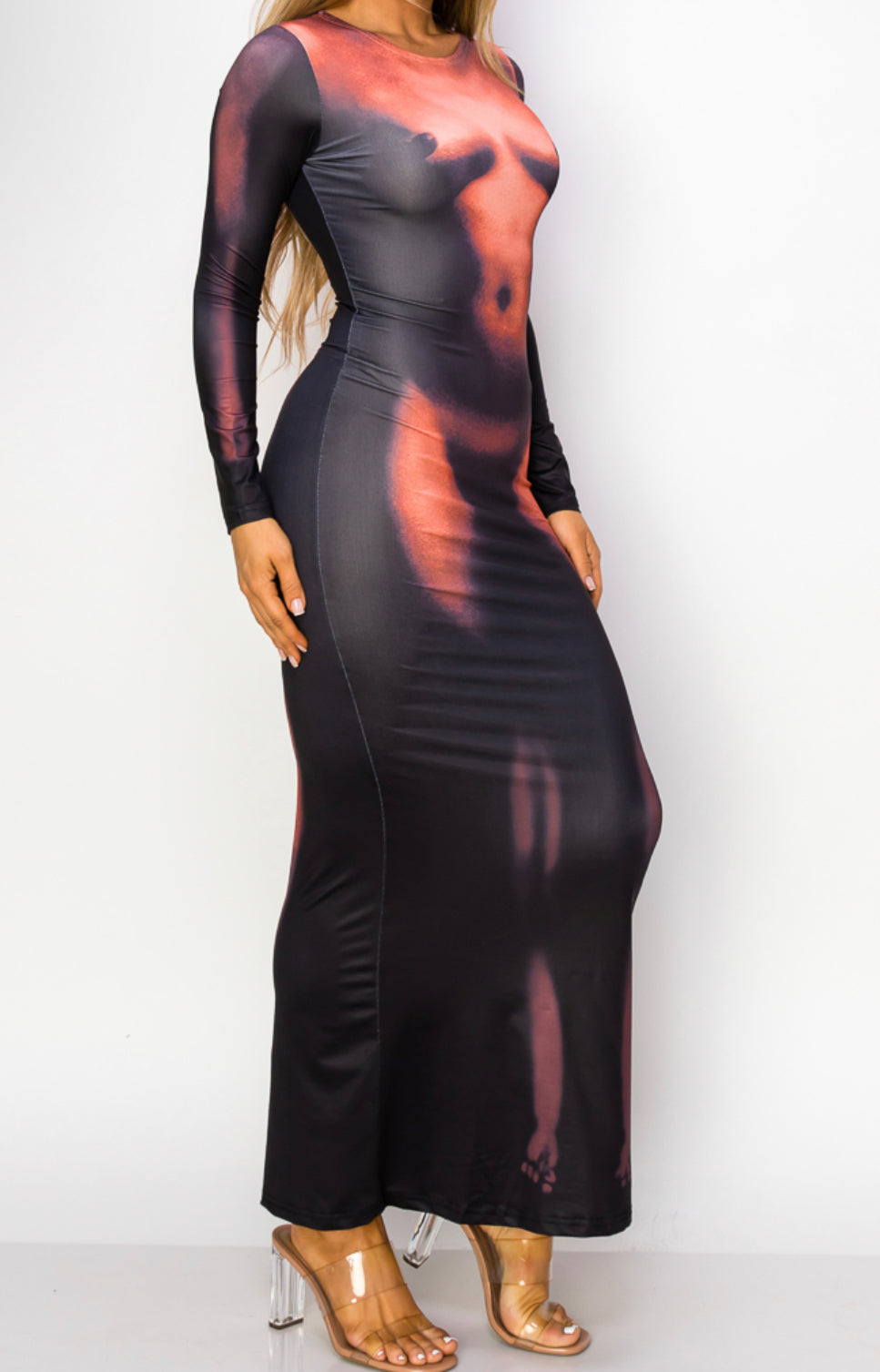 Nude Body Print Long Sleeve Maxi Dress
